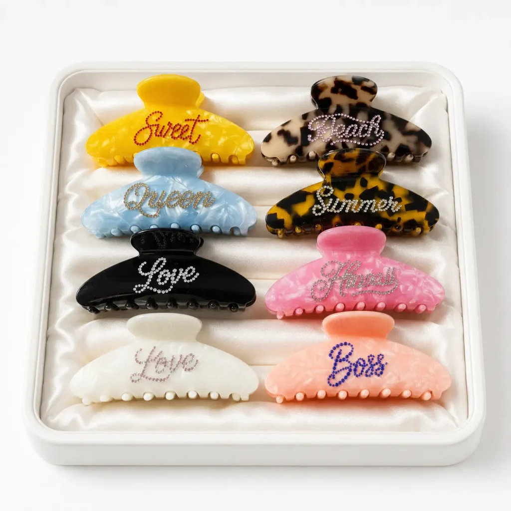 10.5cm assorted color cellulose acetate hair claw clip white jewelry tray