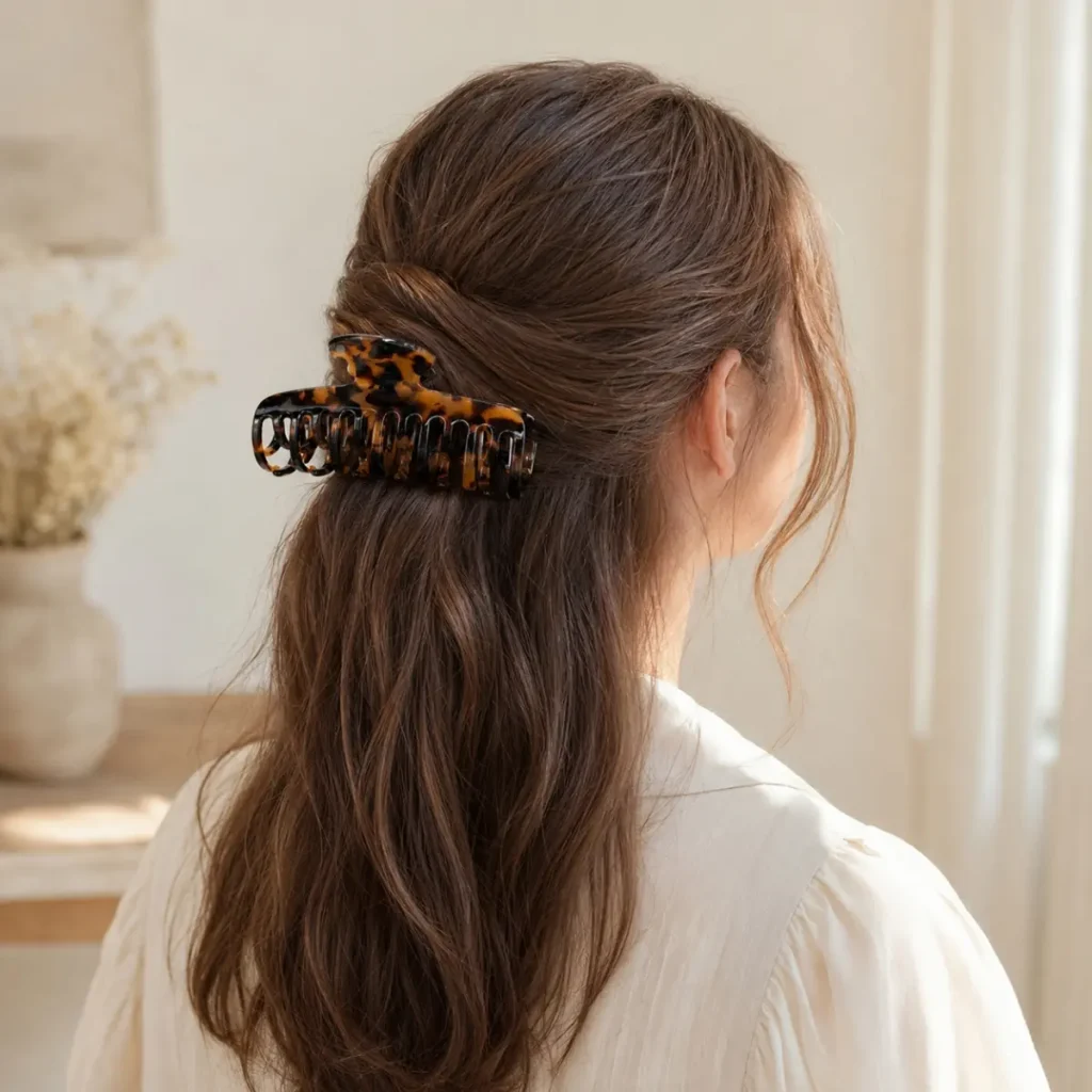 8.7CM Tortoise Shell Round Tip Double Row Teeth Hair Claw Clip Model Wearing