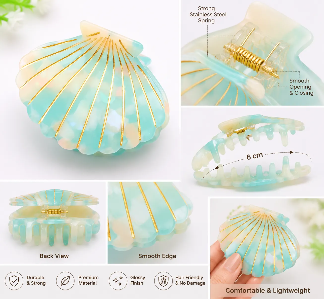 Custom Logo Shell Shape Cellulose Acetate Hair Clip