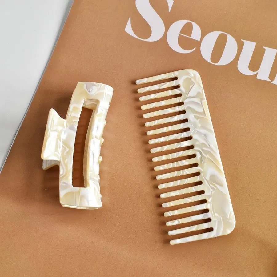 Premium Cellulose Acetate Hair Claw & Wide Tooth Comb Set for Thick Hair