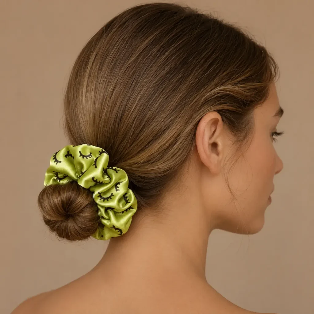 Lime Green Custom Printed Satin Hair Scrunchie Model Wear