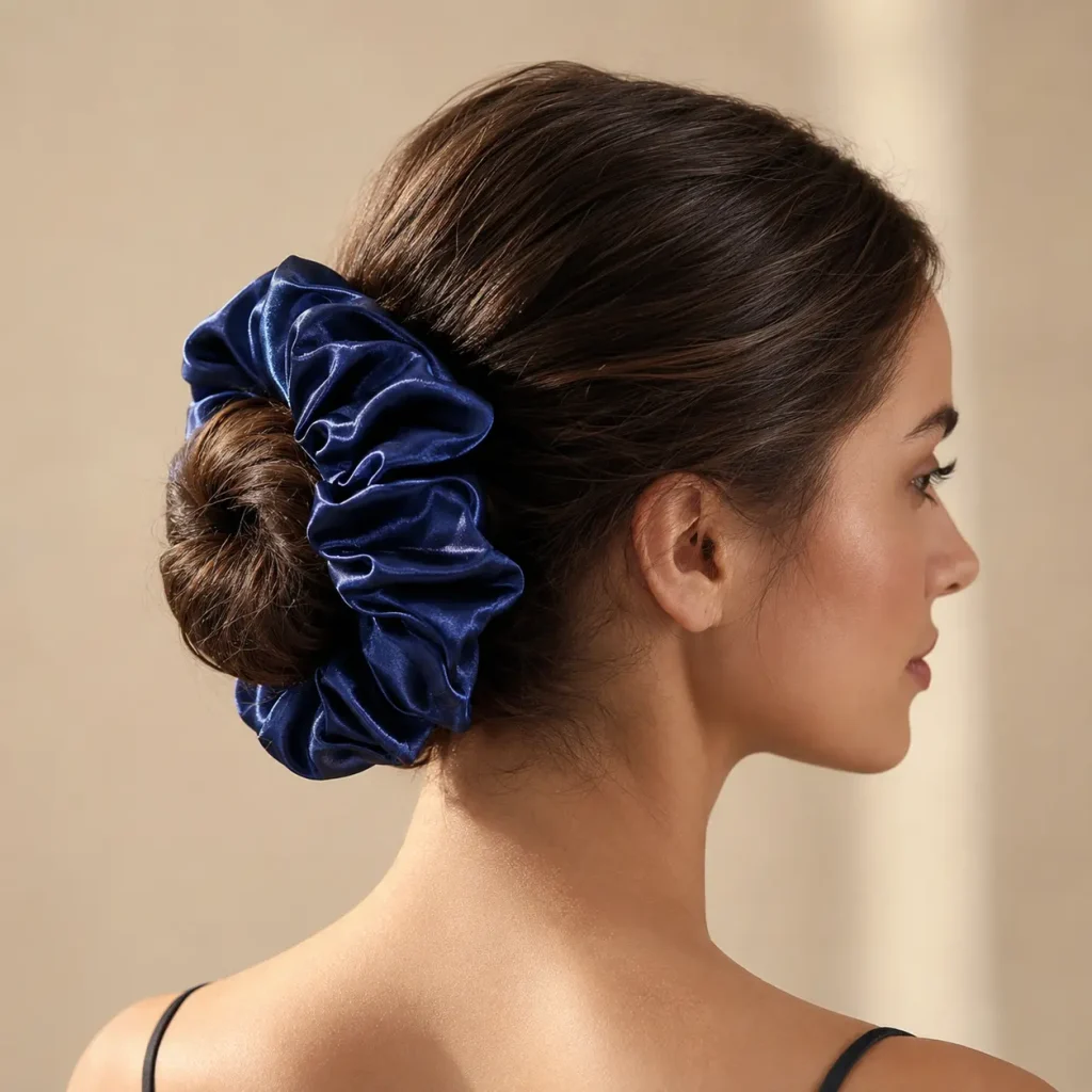 Navy 12CM Mulberry Silk Hair Scrunchie Model Wearing