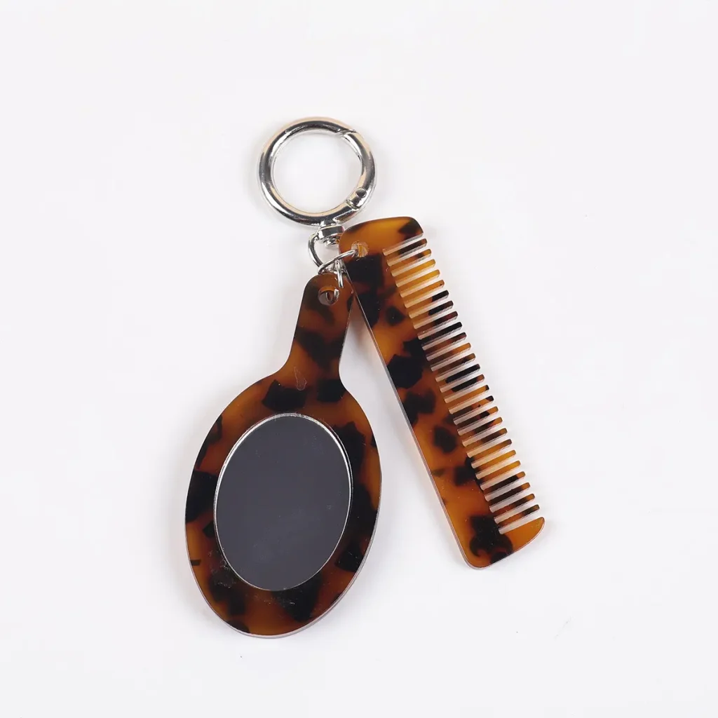 Portable Tortoise Shell Acetate Hair Comb And Mirror Keychain