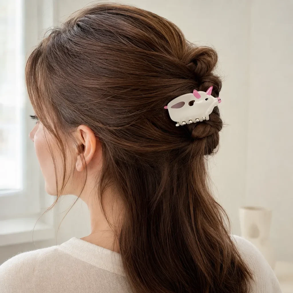 Rosie Pig Spliced Acetate Hair Claw Model Wearing