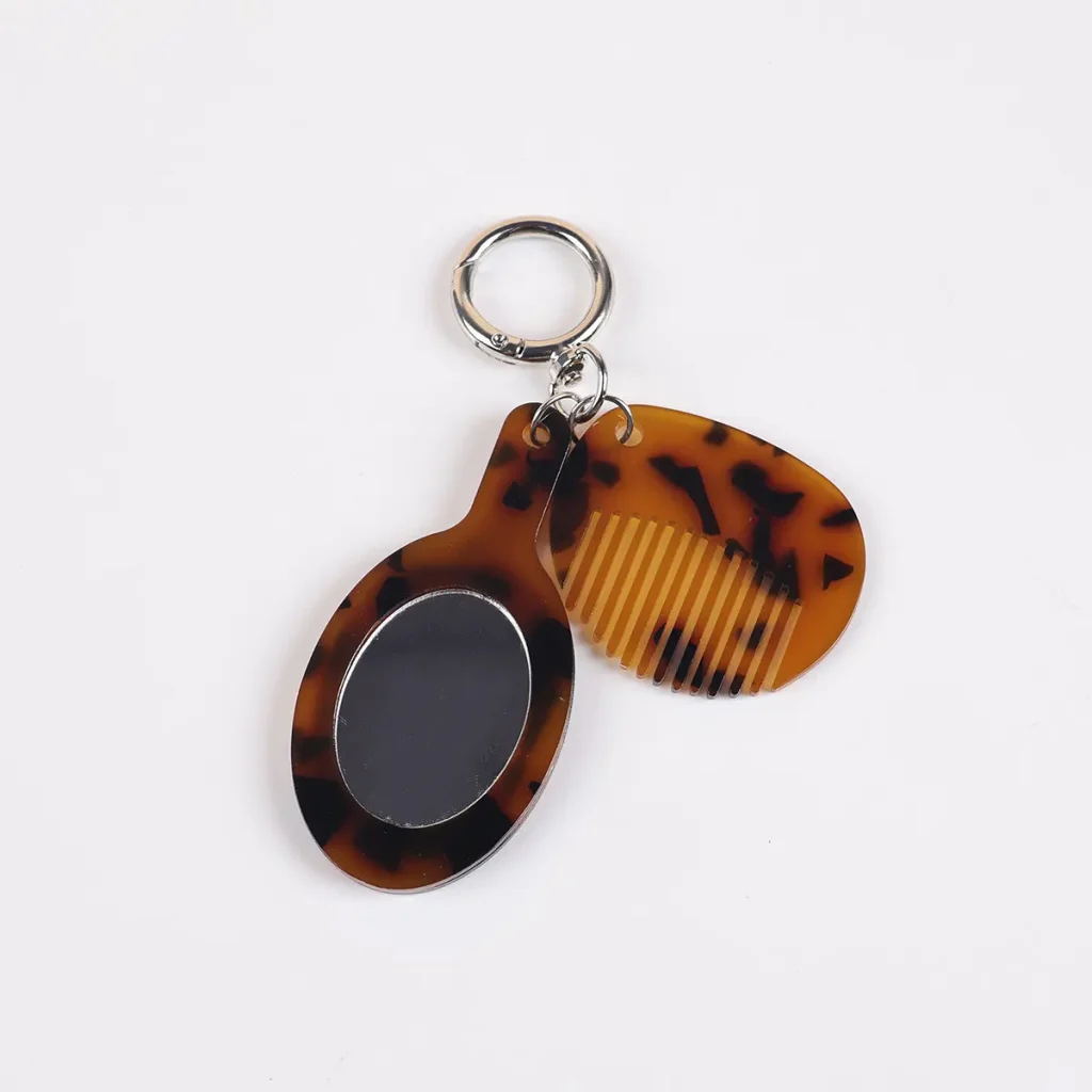 Tortoise Shell Acetate Mini Hair Comb And Mirror Keychain Front View