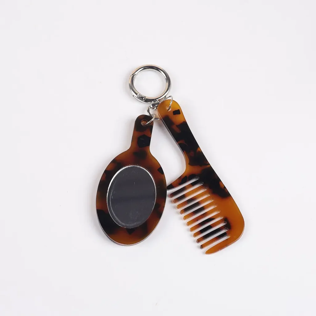 Tortoise Shell Cellulose Acetate Mini Hair Comb And Mirror Keychain Set