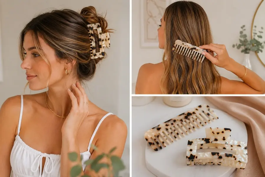 Women use acetate comb and hair claw