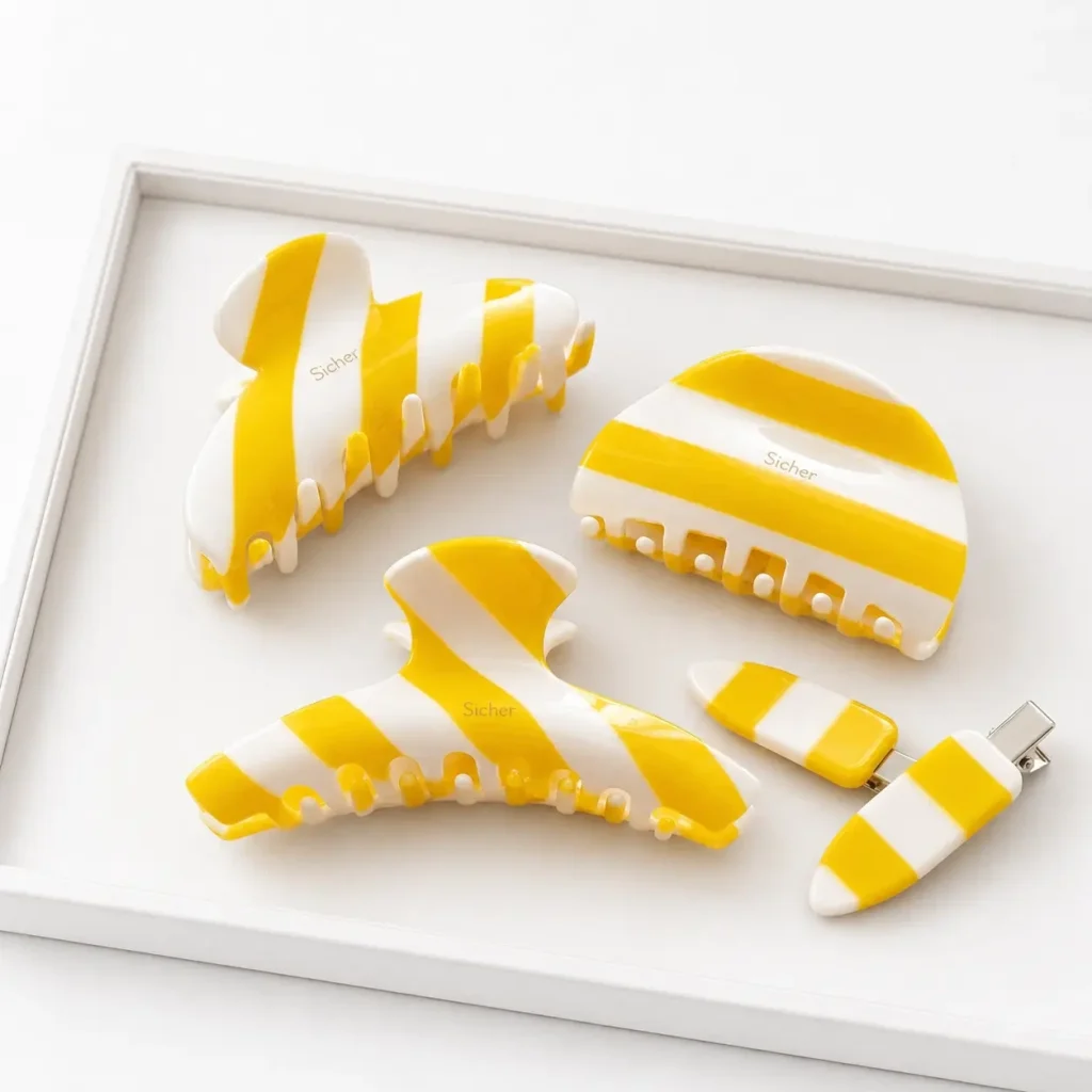 yellow white striped acetate hair accessories collection