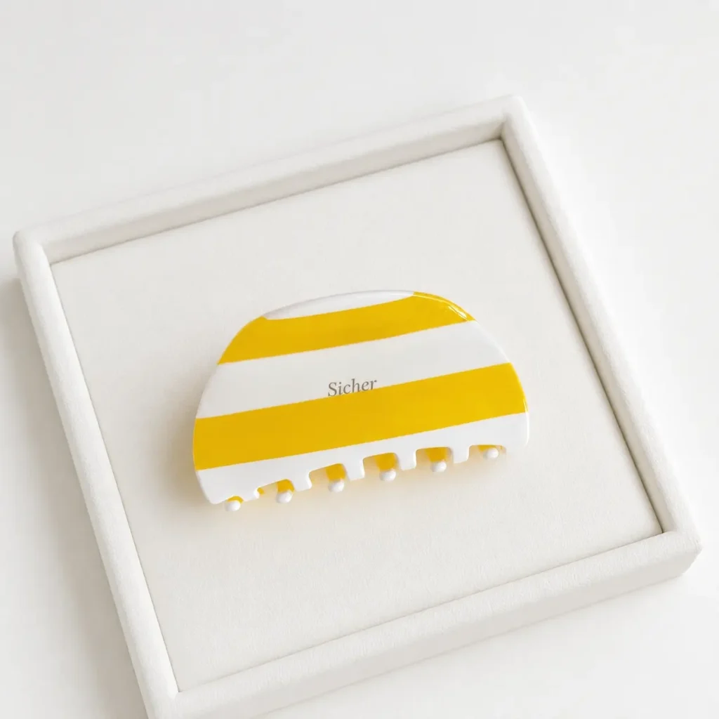 yellow white striped acetate half moon hair claw clip