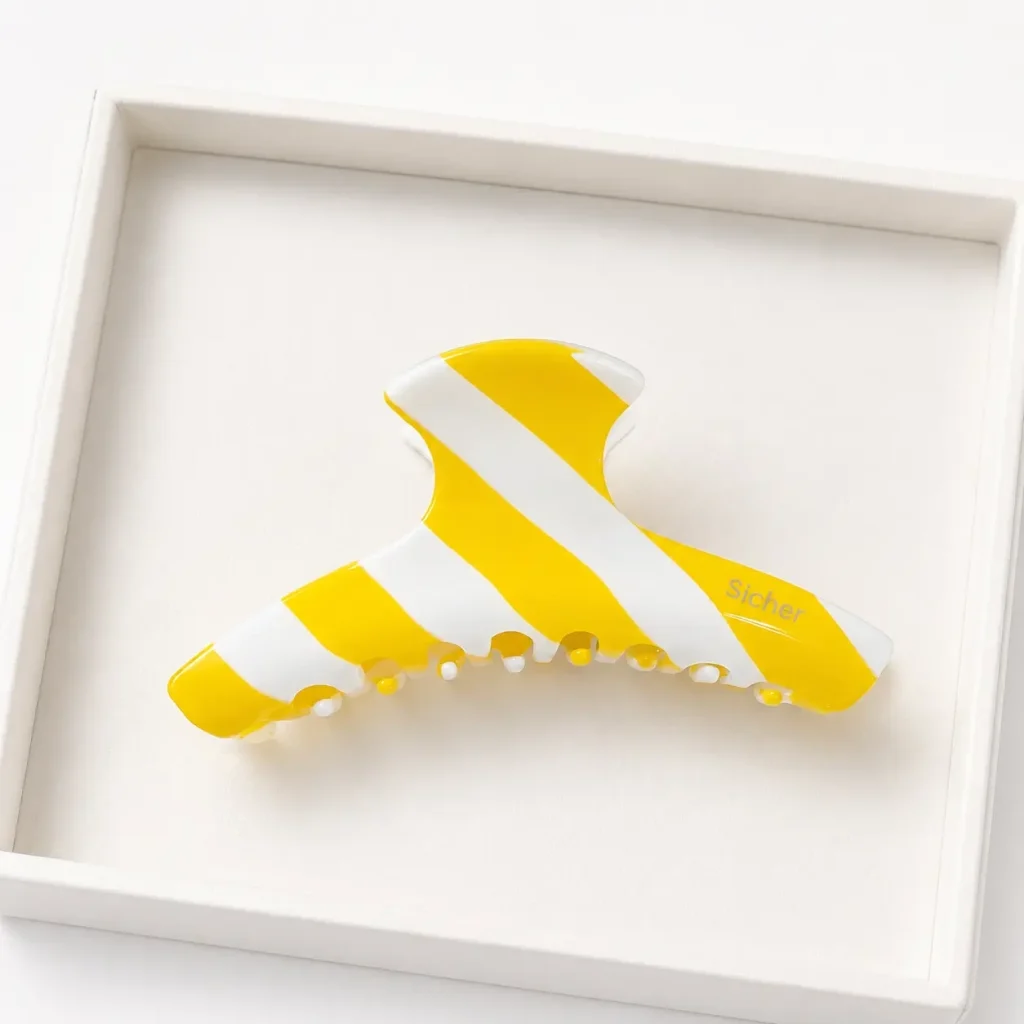 yellow white striped acetate large hair claw clip detail