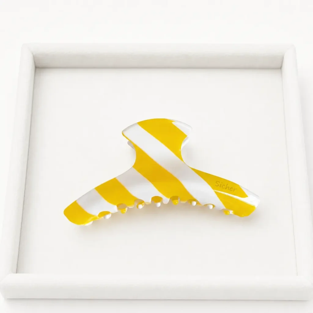 yellow white striped acetate large hair claw clip front view