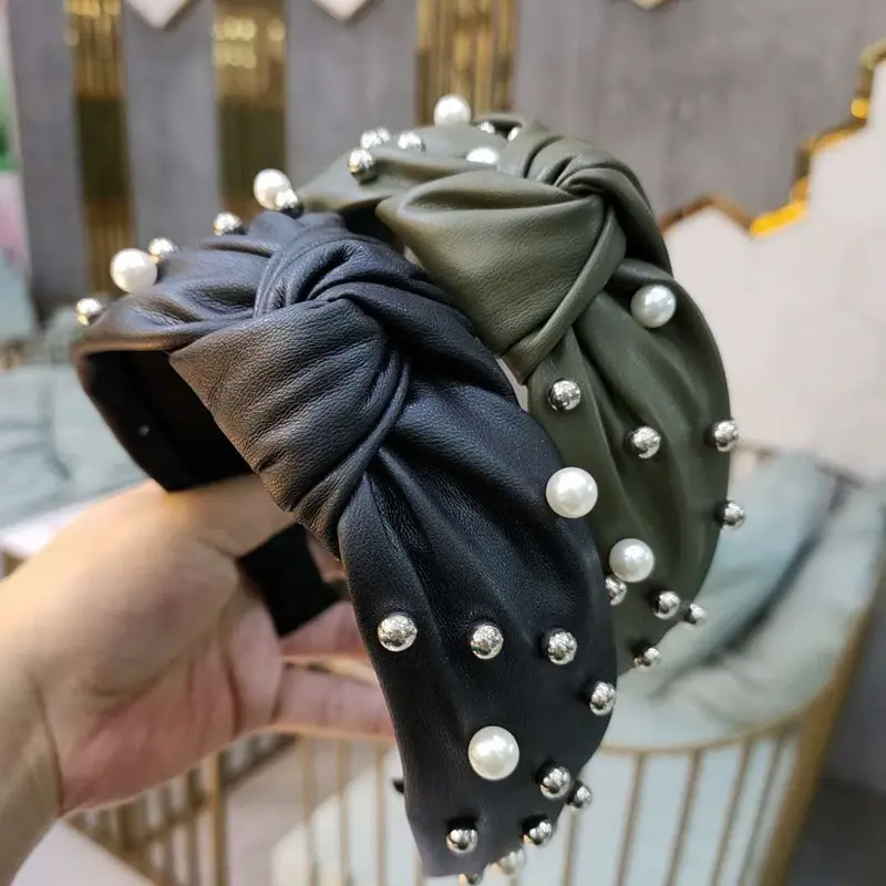 Black And Olive Faux Leather Pearl Stud Bow Headband