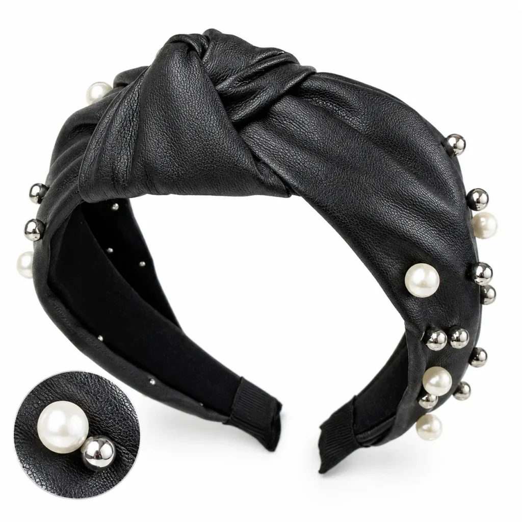 Black Faux Leather Pearl Stud Bow Headband Detail