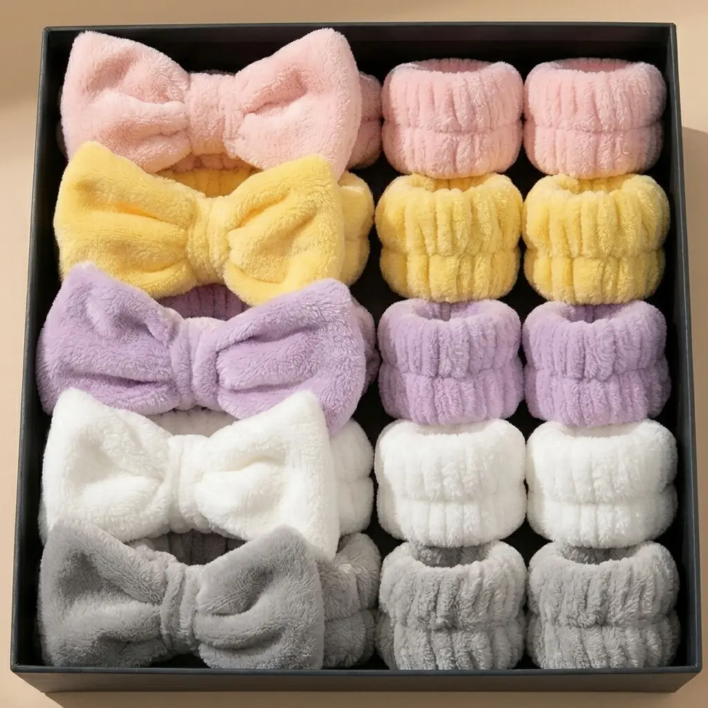 Bow Sherpa Fleece Spa Headband And Wrist Washband Color Collection
