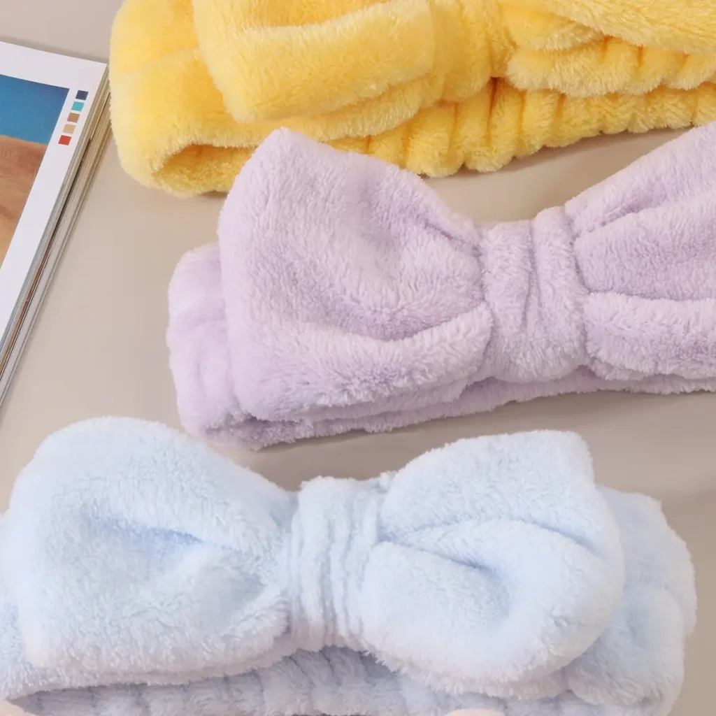 Bow Sherpa Fleece Spa Headband And Wrist Washband Detail Display