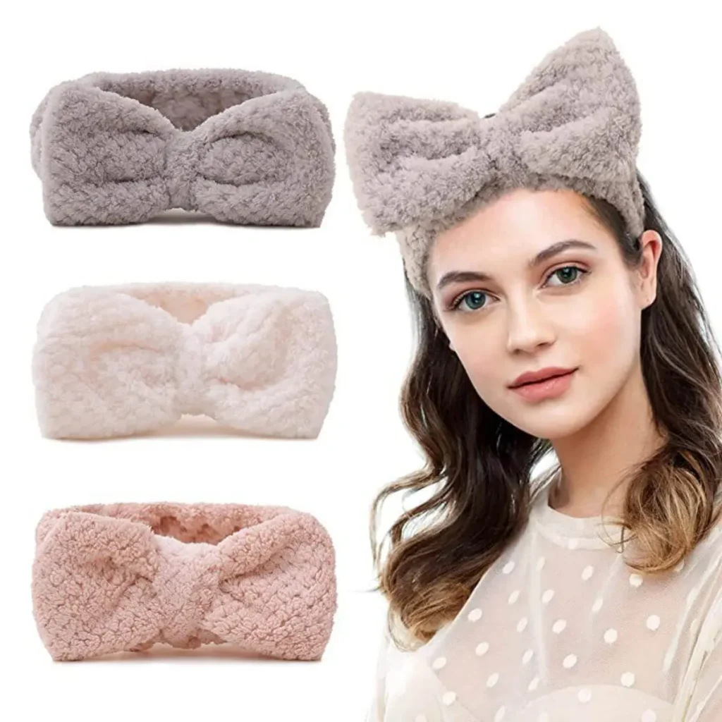 Bow Sherpa Fleece Spa Headband Product And Model Display