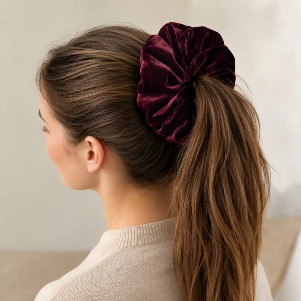 Burgundy Large Velvet Hair Scrunchie Model Wearing