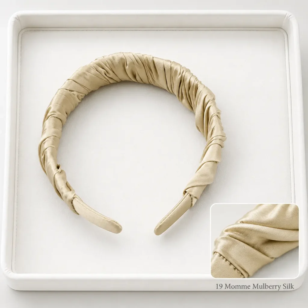 Champagne 19 Momme Mulberry Silk Pleated Headband Material Detail