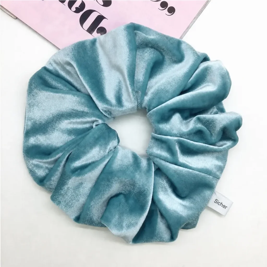 Custom Logo Blue Velvet Hair Scrunchie Woven Label Detail