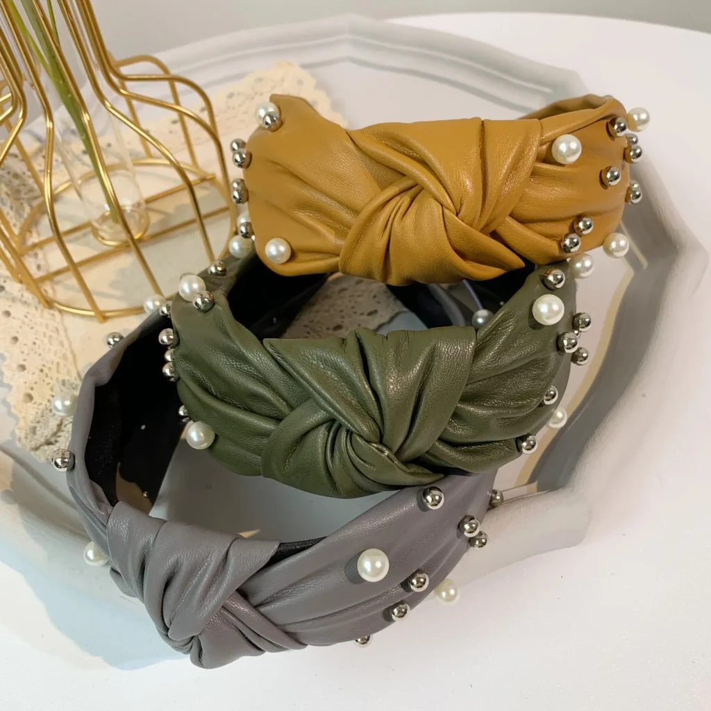 Faux Leather Pearl Stud Bow Headband Color Collection