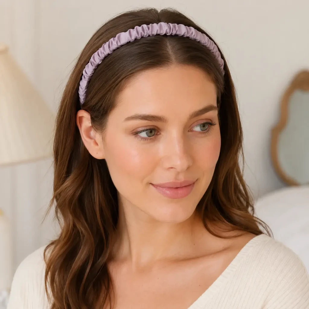Lavender Ruffled Satin Headband Model Wearing