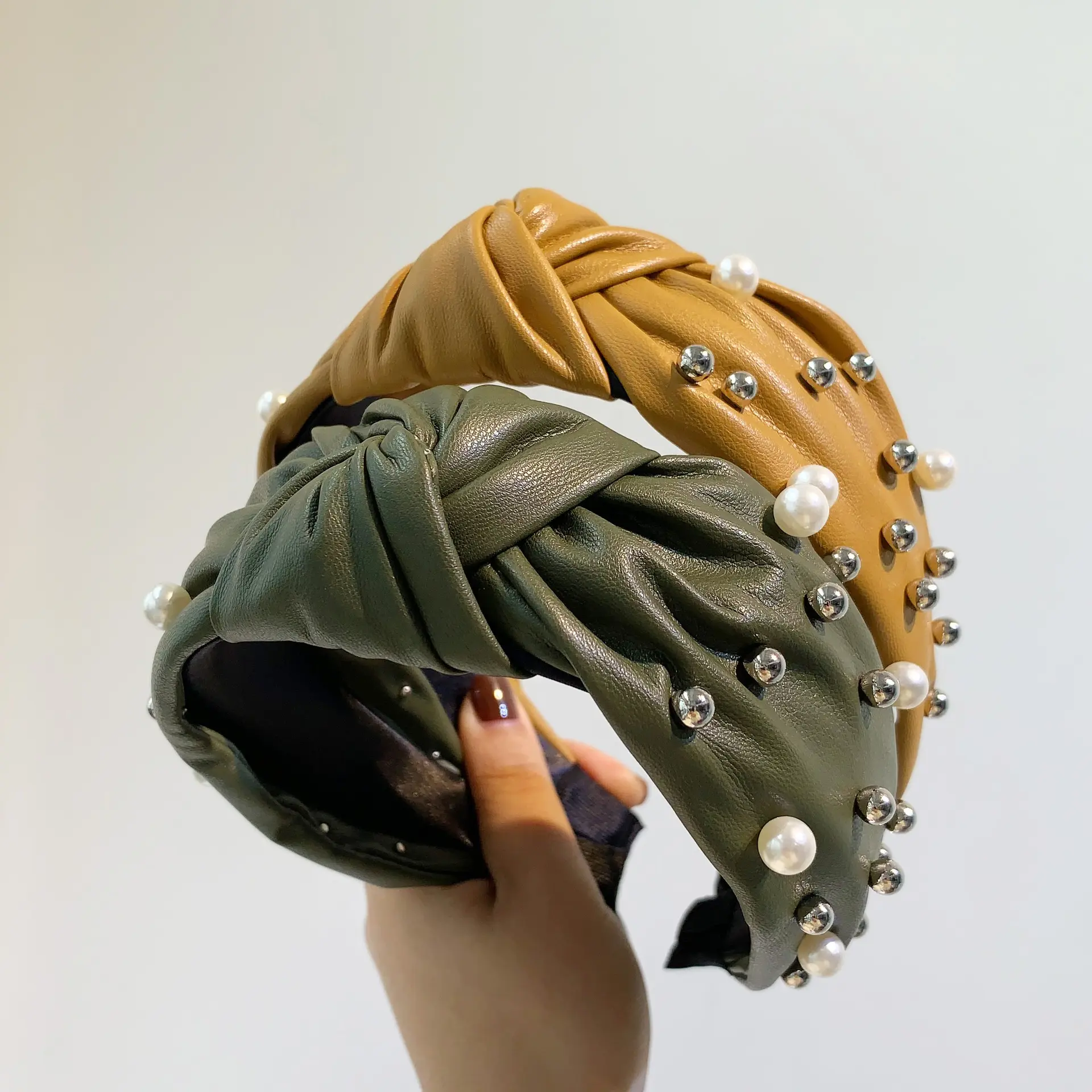 Custom Color Faux Leather Pearl Stud Bow Headband