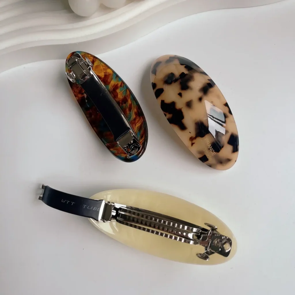 Oval Cellulose Acetate Hair Barrette Metal Spring Back Detail