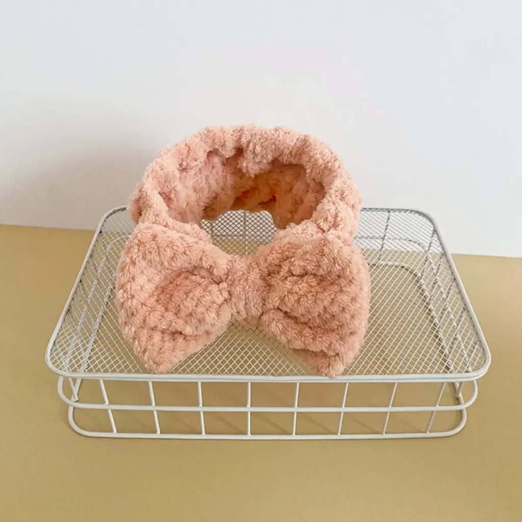 Peach Bow Sherpa Fleece Spa Headband Front View