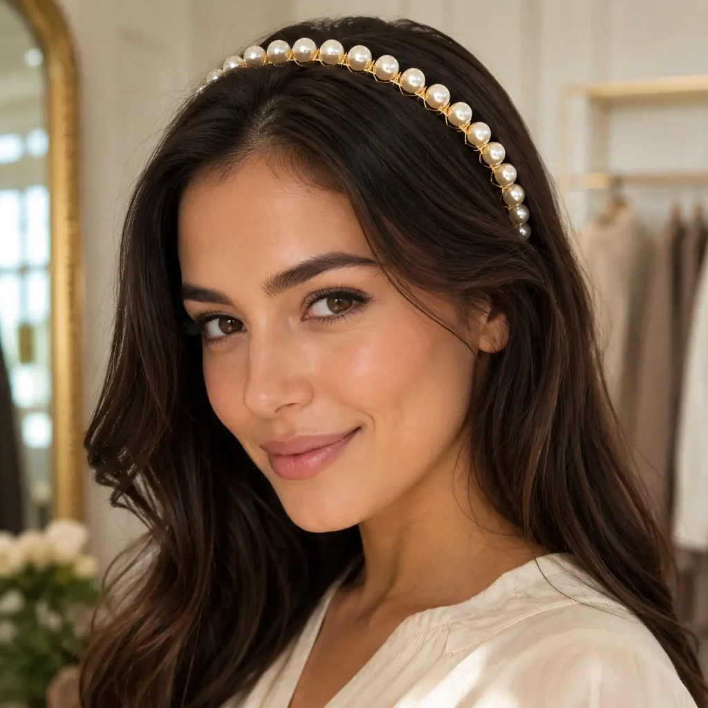 Pearl Beaded Metal Headband Model Wearing