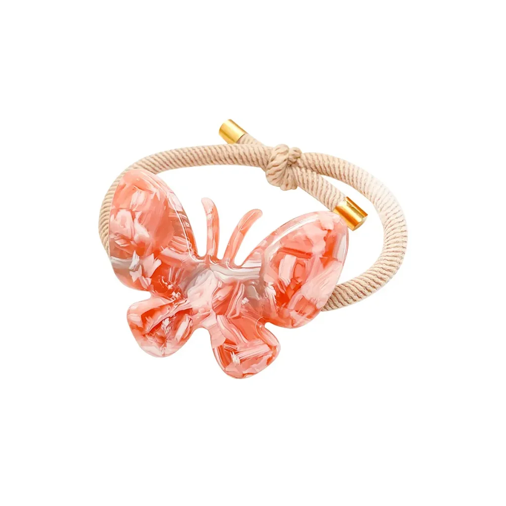 Pink Butterfly Cellulose Acetate Hair Tie White Background