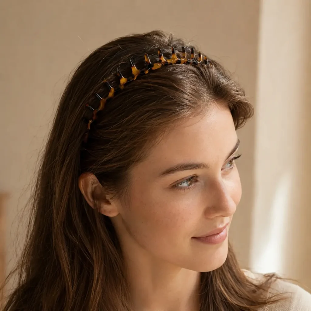 Tortoiseshell Cellulose Acetate Wavy Tooth Headband Model Wearing