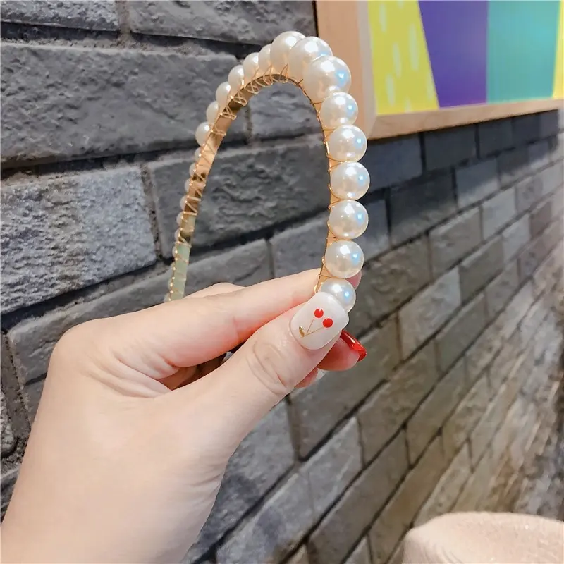 White Pearl Beaded Metal Headband Side View